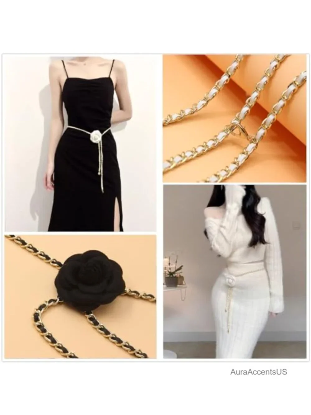 Metal Waist Chain Belt with Camellia Flower Charm - Adjustable Body Chain
